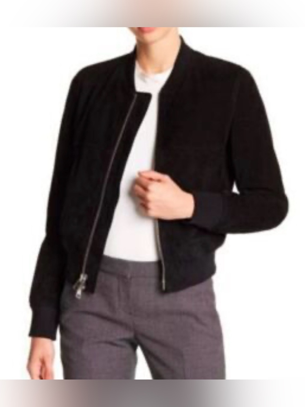 Theory Daryette Black Crepe Bomber Jacket w Double Silver Tone Zipper